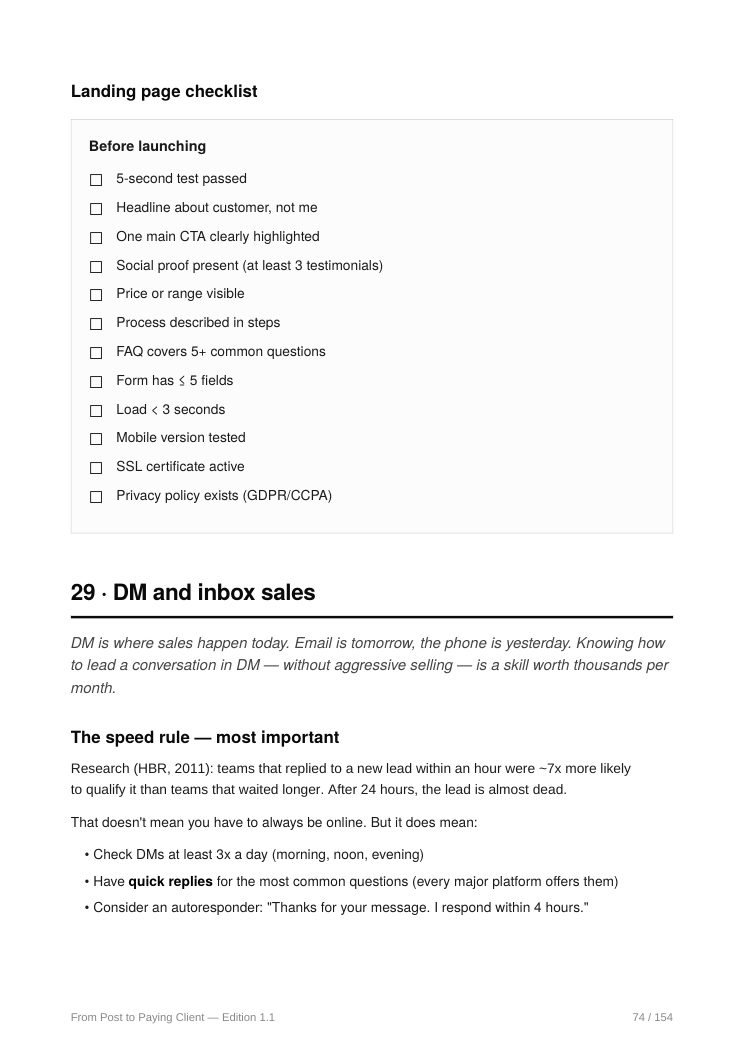 Ch. 28–29 · Landing checklist & DM sales